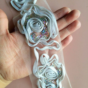Silver Rose Lace Trim With Silver Sequins, Approx. 65mm Wide - 200317L141